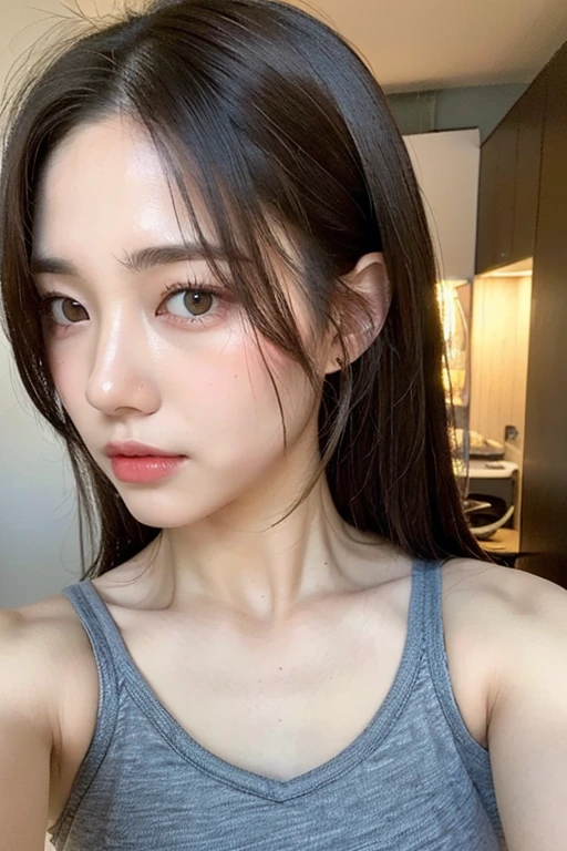 ((Highest quality, 8K, masterpiece :1.3)), One girl, Beautiful woman with slim abdominal muscles :1.3, (Random Hairstyles :1.2), Oversized tank top :1.2, Highly detailed face, Fine grain, double eyelid, Underarm