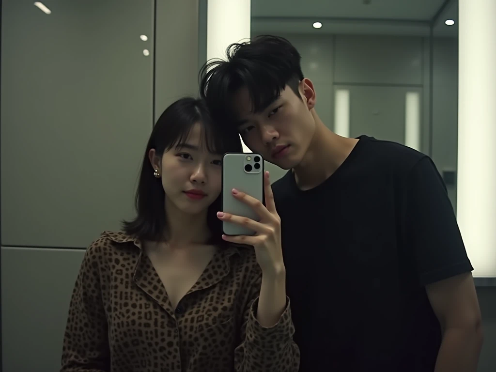 there is a man and woman that are taking a selfie, couple pose, cursed photography, mirror selfie, in love selfie, distorted pose, roberto ferri and ruan jia, with a mirror, taejune kim, real life size, ulzzang, steven klein, Wonyoung ive ultrahd 4k Hiperrealista