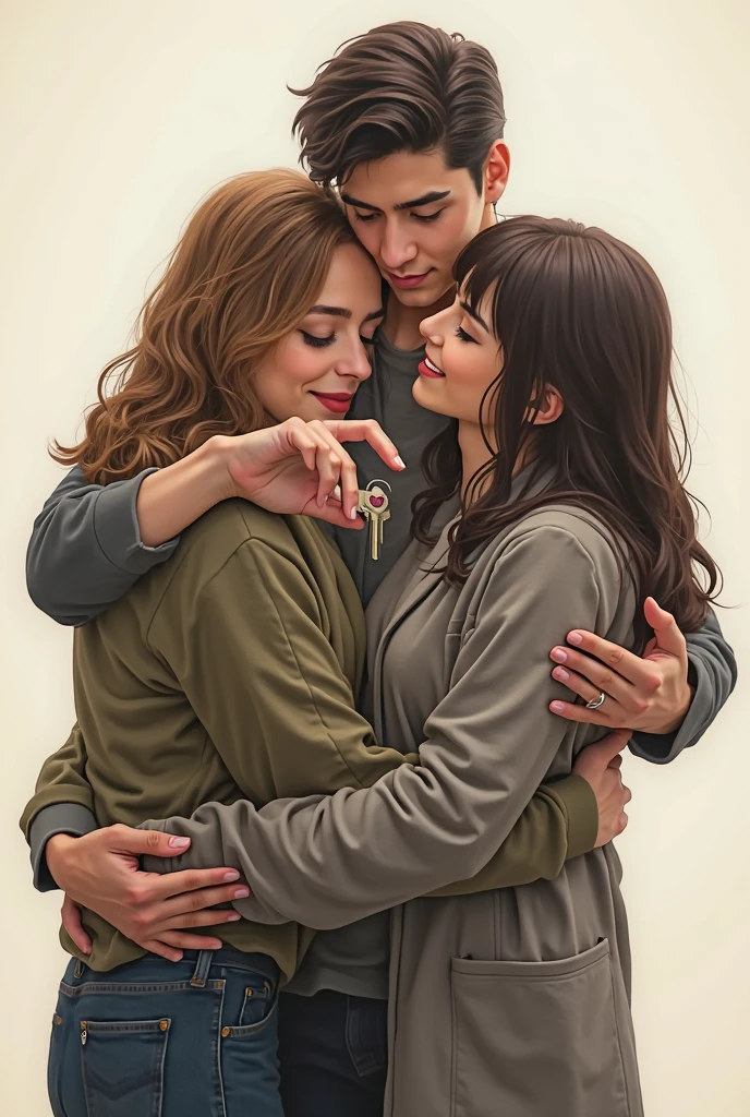 A young man, seductive and virile, dressed in casual style, and sexy girls on their knees begging him by pulling the man's clothes with an air of excitement, the girls are dressed normally, the man pays no attention to them and minds his own business.