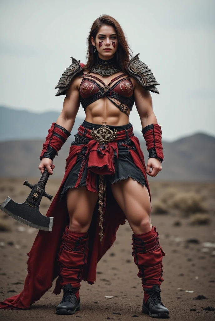(masterpiece), (extremely intricate:1.3), (realistic), bodybuilder woman, ((perfectchainmail kilt, tattoo:1.4)), metal reflections, outdoors, intense sunlight, far away castle, professional photograph of a handsome man detailed, (long straight ginger hair ponytail, dynamic pose), sharp focus, dramatic, award winning, cinematic lighting, volumetrics dtx, (film grain, blurry background, blurry foreground, bokeh, depth of field, sunset, interaction, ((gigantic, giant, from below, medieval loose black leather vest, pulled back, (wielding bec-de-corbin))))