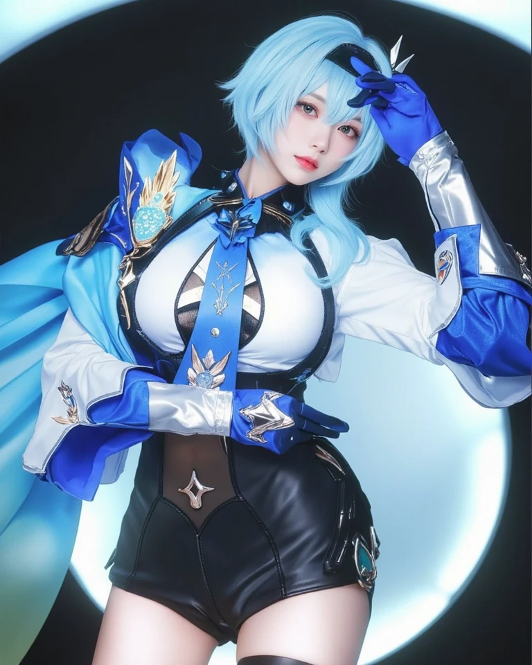 photorealistic, short_hair, realistic, solo, photorealistic, best quality, ultra high res, 1girl,
<lora:eulaGenshinImpact_eulav4000082:0.5>,(blue_short_hair),looking at viewer,(eula:1.2),fullbody,
1girl,
beautiful, masterpiece, best quality, extremely detailed face, perfect lighting, 1girl, solo,
best quality, ultra high res, photorealistic,
ultra detailed,
masterpiece, best quality, <lora:jiyeon2_v4:0.7>,jiyeon2