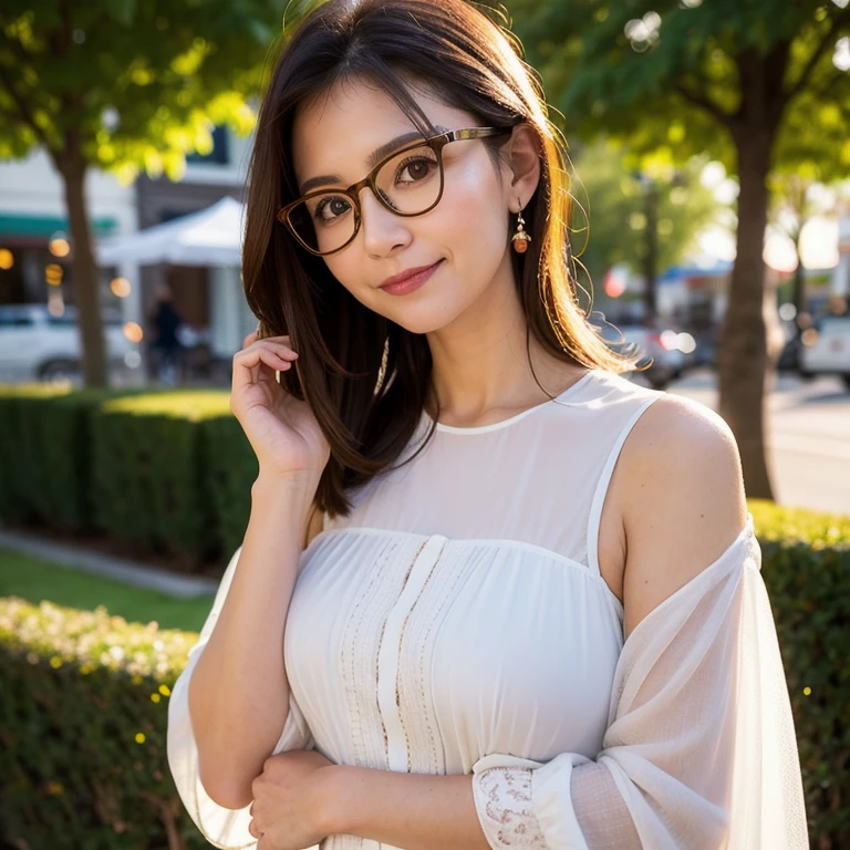 Best Quality, Masterpiece, Beautiful and Aesthetic, 16K, (HDR: 1.4), High Contrast, Bokeh: 1.2, Lens Flare, (Vivid Colors: 1.4),cinematic lighting,depth of field, film lighting, ambient light, side light, exquisite details and textures, cinematic lens, warm tones, (bright and intense: 1.2), wide-angle lens, hyper-realistic, (knee-length view), BREAK 1 girl,Japanese,22 yo,beautifull detailed face,A smile with a little visible teeth,(Slender body:1.5),((Wearing a cardigan)),pastel clothing, ((Have a small handbag)), Beautiful detailed skin,Skin Texture,Floating hair,((fluffy hairstyle)),Black semi-long wavy hair, saggying breasts with good shape,(cleavage),((Black square glasses)),cheerful pose,day,daylight,outdoor,braless,