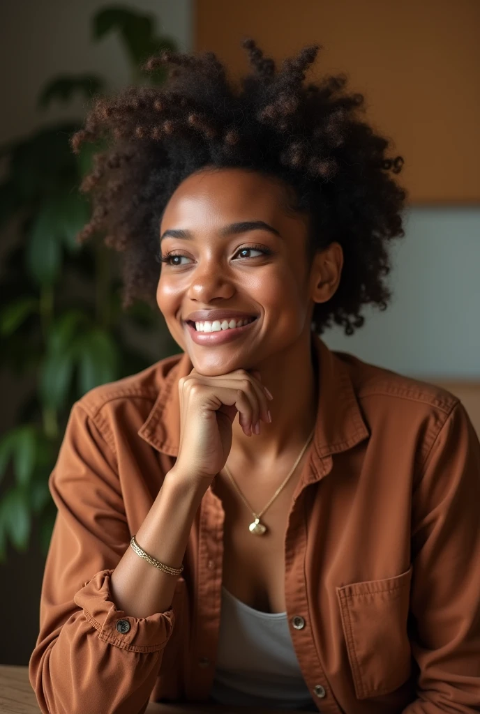 A happy beautiful black woman smiling , is sitting on kitchen table 