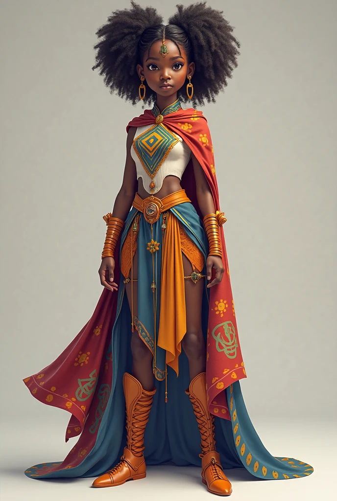 Create an image of a black ninja after an apocalypse in the future, afro cabelo caindo para frente, Rasta type but braided, corpo inteiro, wearing an Indian costume African ribulo full body, A realistic 4K phoenix with blue feathers, dourado, cosmico , com uma Moreno, de cabelo afro cabelo caindo para frente, Rasta type but braided, Estilo Art Vista de Corpo Inteiro, plano completo, vista frontal, Vista lateral, vista traseira, de personagem, Multiple views and poses, various points of view, um personagem, corpo inteiro, personagem com menos, estilo de roupa, no mesmo Estilo de cabelo, less Type of footwear, strong full-body vision, plano completo, vista frontal, vista traseira, design de personagem, Multiple views and poses, various points of view, de um personagem, corpo inteiro,, personagem com mesmo, estilo de roupa, no mesmo Estilo de cabelo, same type of footwearexpressionThe route follows the nuclei of the flag of Cape Verde. The top is deep blue, simbolizando o oceano que cerca as ilhas. The chest and the central part are white, representando a paz e a unidade do povo cabo-verdiano. The sleeves and legs are red, denoting determination and spirit, do 10 Estrelas Douradas, : Ten gold stars are prominently displayed at the top of the costume, ao longo do peito e ombros, representando as 10 principais ilhas de Cabo Verde. Cada estrela, It is carefully detailed and shines brightly against the background Star Belt A wide belt, also golden, is used in Tribal Details, O traje incorpora elementos tribais discretos em seu design, referencing the cultural heritage of Cape Verde