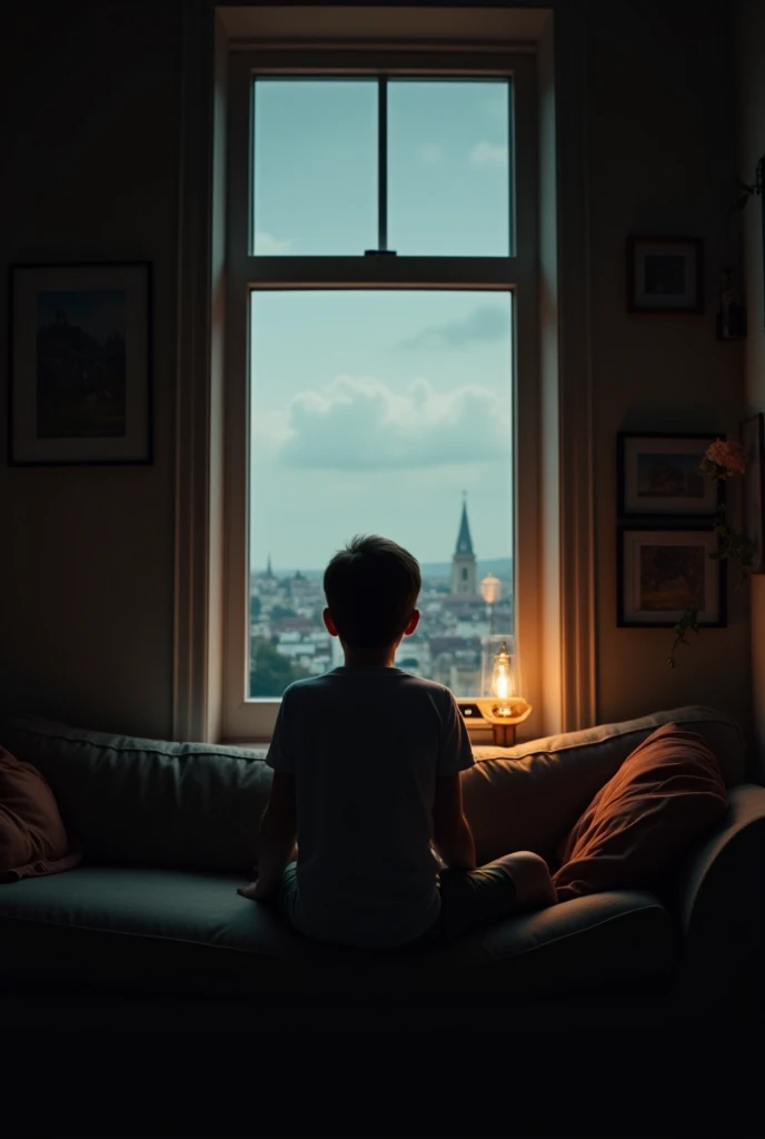 there is a young boy sitting at a desk looking out the window, boy staring at the window, overlooking a modern city, absolutely outstanding image, looking at the city, looking out a window, sitting on a window sill, amazing view, looking out window, looking out the window, stunning image, looking over city, mixed art, window to night time