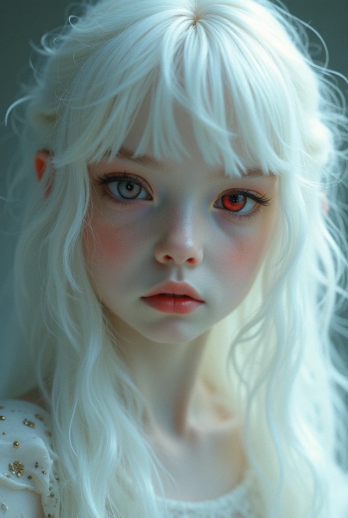 a female who looks about 5 or 6 with platinum hair and red eyes wrapped around her body with a silk cloth