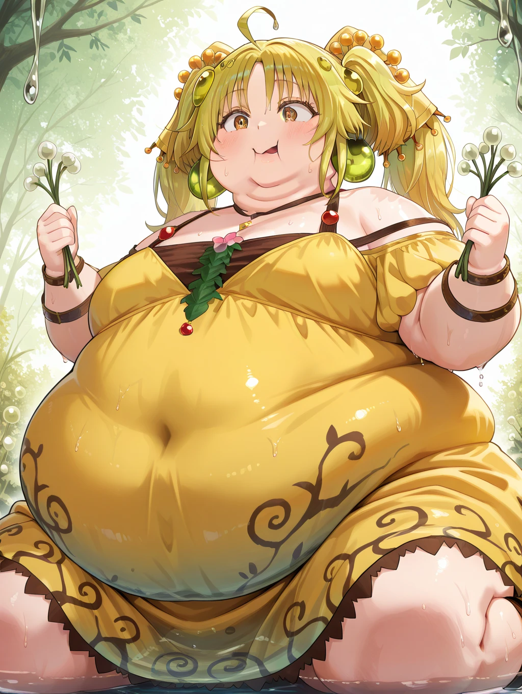 A neoclassical painting of a woman in a green outfit holding a cake, elvish Ssbbw, beautiful feminine face, beautiful blue eyes, beautiful blonde hair, (morbidly_obese:1.6), a blonde emerald warrior, mighty plump female sorceress, thicc, full body portrait of a short!, fullbody commission for, tatsumaki, commission for high res, strong fat bacchanalian body, soft obese belly, soft obese hands, soft obese arms, soft obese legs, soft obese thighs, soft obese thighs, massive obese breasts, forest background,