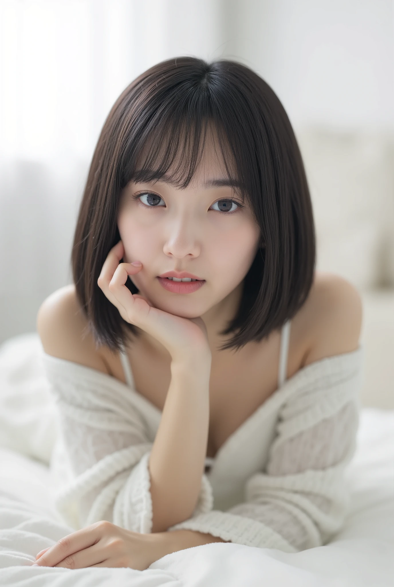 Create an image of an exceptionally beautiful Japanese girl with fair skin. She is lying on the bed in her white room, wearing comfortable loungewear. Her straight, semi-short hair frames her face softly. The ambiance is enhanced by cinematic lighting, creating a cozy and inviting atmosphere.