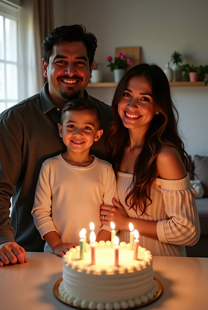With AI make a photo of two people with features of Henry Cavill and Negin Mirsalehi she has brown hair. And with their children, a three-year-old boy with black hair down to his forehead, celebrating his birthday