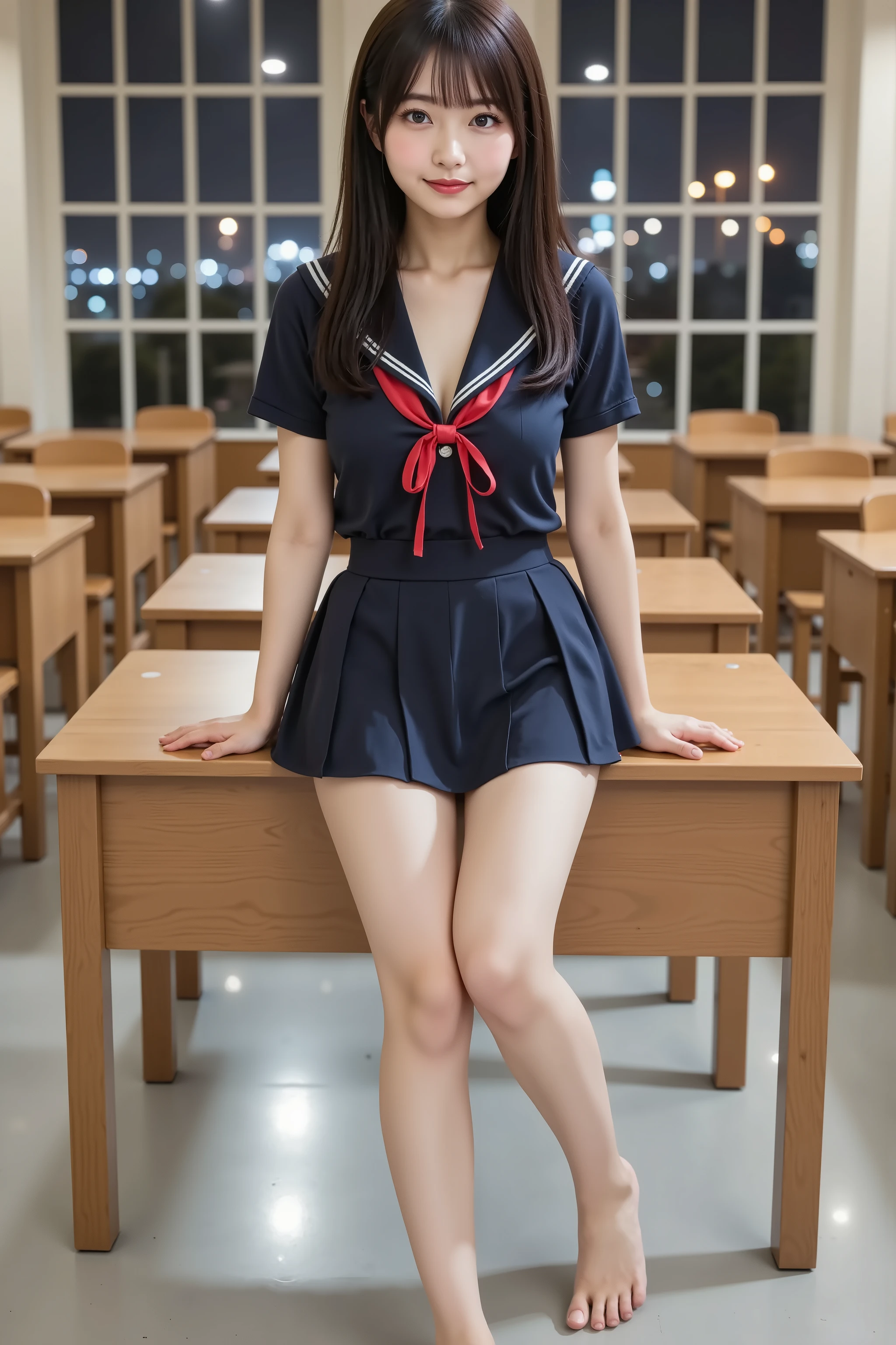 misaki, huge breast, Cleavage, ultra-realistic digital illustration of a slender young woman sitting on top of a wooden classroom desk, facing forward. She is shown in a tight medium shot from the top of her head to just above her knees. Her face and entire head are fully visible and centered within the frame. Her black hair is long, tied loosely behind her head, with two strands hanging down each side of her face. She is wearing a Japanese high school uniform consisting of a dark blue sailor-style top with a white collar and a red ribbon tied at the chest, along with a pleated navy-blue mini skirt. Her shoulders and upper chest are covered by the uniform. The skirt reveals her bare legs from the mid-thigh down. She is not wearing socks or shoes. Her arms are relaxed, with one resting beside her on the surface of the desk, and the other placed lightly on her thigh. She sits with her legs slightly turned, but still clearly within the framing of the image. The desk has a flat wooden surface and a small metal frame visible below it. Behind her is a large rectangular window divided into multiple glass panels. The window is closed. The outside view is blurred, showing only nighttime city lights and dark sky through the glass. Curtains are partially drawn to the sides. The classroom contains rows of empty wooden desks and chairs. The floor is polished linoleum with visible light reflections. The lighting in the room is artificial, coming from ceiling lights out of frame. There are shadows on the floor and parts of the wall. Her figure is well-lit. There are no other people in the room. There are no decorations, posters, or any additional items on the desk or walls. The framing includes part of her upper body, skirt, and bare legs. Her face is neutral, eyes directed forward. The entire figure is clear and nothing is cut off by the edges of the image. The background remains in focus and the perspective aligns with a camera at seated eye level. The entire composition