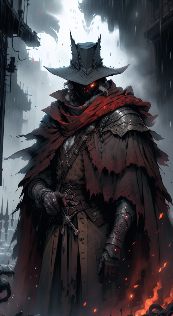 alone, red_eye, Have, 1人のmaleの子, Holding, jewelry, Are standing, arms, male_concentrated, sword, pants, coat, Torn_Clothes, fur_trim, black_hat, mask, Capelet, Shine, moon, black_pants, fire, Gauntlet, gem, Shine_eye, black_coat, superior_Have