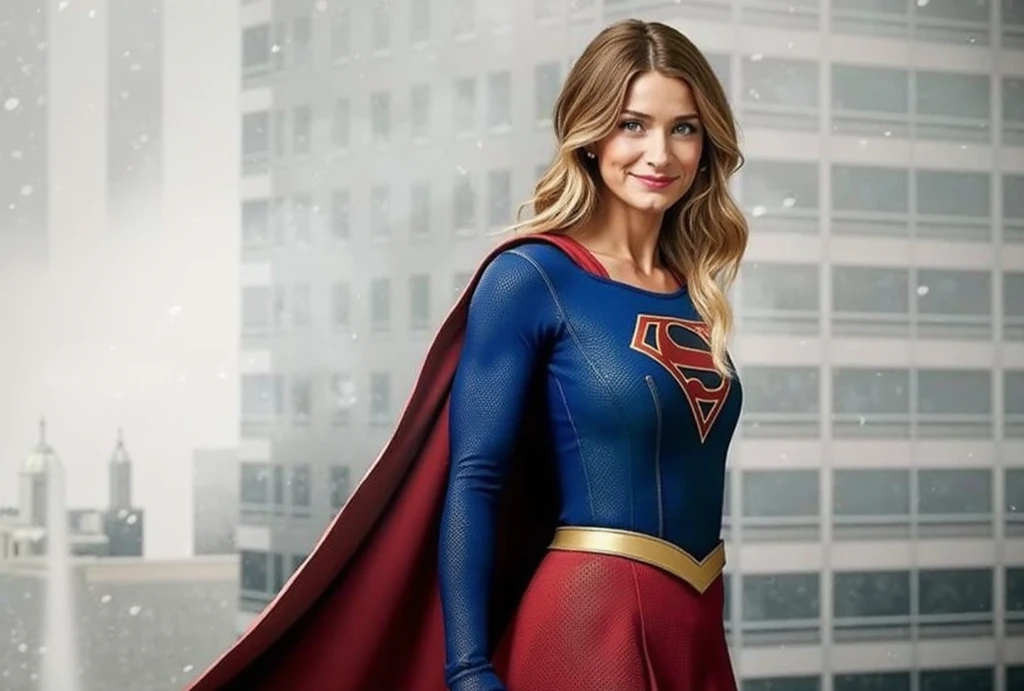 open window; Super Andrea Anders(powerful; trusting; higher) 2007 (((Woman defined body with big breasts, strong and firm; Supergirl 1984s costume dress))) as Supergirl(((Filme da Supergirl de 2007 de Andrea Anders))); floating in mid - air. 