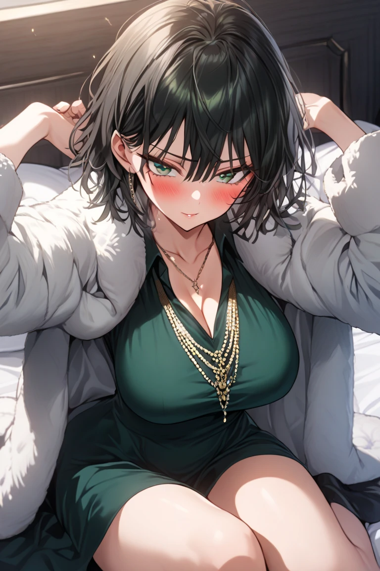 Green bangs bob hairstyle for women, 
rest ((skirt ,Bare shoulders,Jewelry, earrings, necklace:1.5)) 
rest indoors, permanent, Looking at the audience, Smile, Dynamic poses,
rest (masterpiece:1.2), best quality, high resolution, Unity 8K wallpaper, (illustration:0.8), (Beautiful and delicate eyes:1.6), Extremely detailed face, Perfect lighting, Extremely detailed CG, (Perfect hands, Perfect anatomical structure),