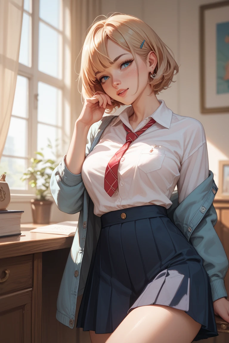 (masterpiece, best quality, hires, high resolution:1.2), (depth of field:1.2), (1girl, solo), (mature sexy woman), (a sexy milf in a very dirty and messy small room), (eyeliner, eyelashes, eyeshadow, glossy lips, full lips, parted lips), (short messy blonde hair), (gigantic breasts:1.3), (looking sexy, flirting:1.2), (white shirt), (red tie), (black jeans pants), piercings, earings, (unmade bed, game boxes, stack of magazines, action figures), (cowboy shot),