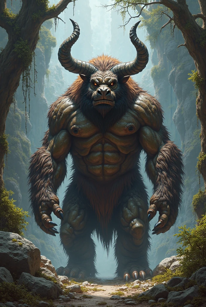 ultra-detailed, masterpiece, masterwork, high quality, best quality, hdr, (nature), nsfw, male, solo, ((nude, foreskin, perfect balls)), chibi, (red hairy body minotaur), dragon, beautiful face, (white chubby body), (long brown hair, yellow eyes), sitting, dynamic angle, (pubic hair)