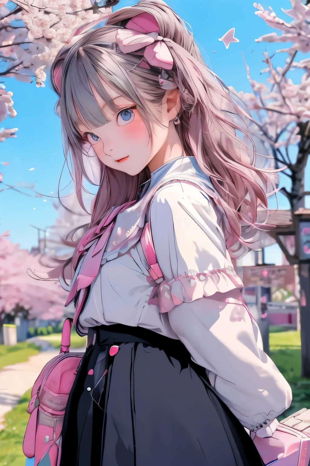 (masterpiece), (Best Quality), (super detailed), masterpiece, Best Quality, Bend, skirt that crosses, upskirt that crosses, flip flops, Embarrassing(Best Qualityの,super detailed)masterpieceの少女が屈み,skirt that crossesの中が見えるようなポーズをとっている。flip flopsを履いた足元,her shy expression is characteristic。the surroundings are clear blue skies,she is posing so that you can see the inside of her skirt where the sun shines in。jirai fashion,Cherry Blossom Background,cherry tree,Cherry Blossom View、Cherry blossom space