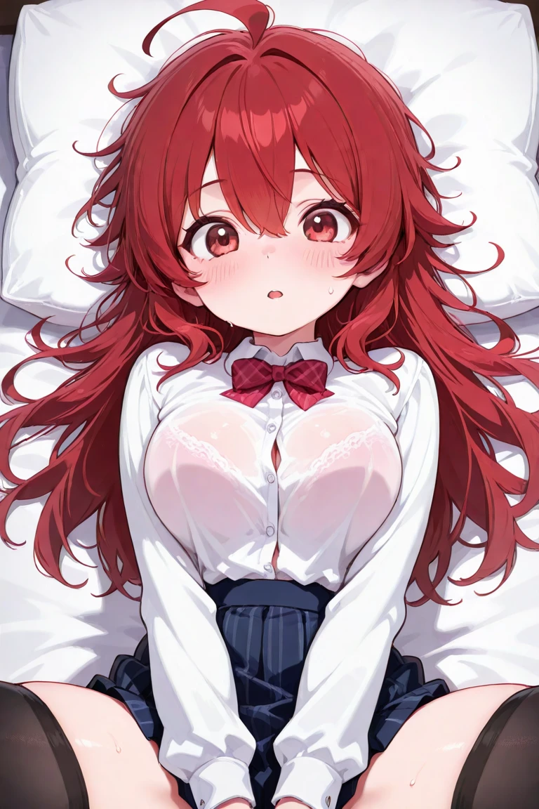 high color saturation、masterpiece、highest quality、High resolution, Maid clothes, mini skirt、Improve, (sunburned skin), Greige with red mesh hair color, black mesh, lying in bed,
huge breasts, Sweat in the valley、open your mouth, narrow your eyes,smile, blush, (underboob), 1 girl, (:1.8, missionary:1.3),