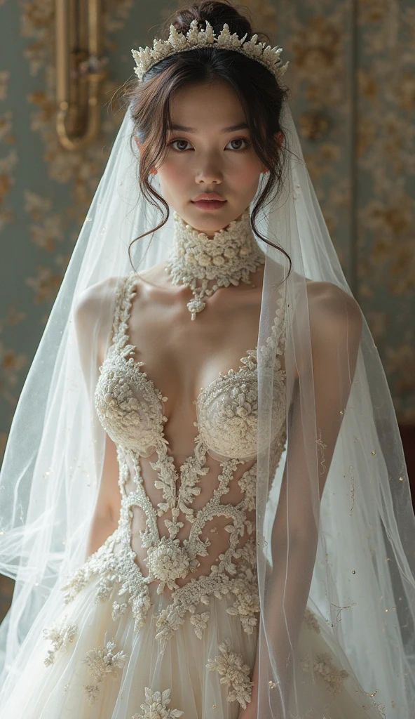 portrait Olga Kurylenko, wearing veil bride costume, stay in bed, character portrait, 3 9 9 0 s, long hair, intricate, elegant, highly detailed, digital painting, artstation, concept art, smooth, sharp focus, illustration, art by wlop, charlie bowater and alexandra fomina, 36 k, nude breasts