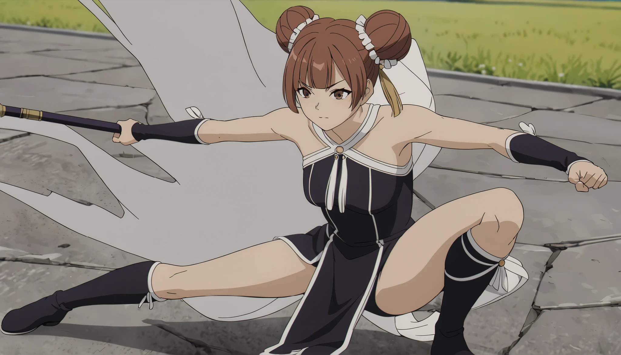 (Laufen), solo,
anime screenshot,
runs,girl,brown hair,double bang,brown eyes,hair_ornament,
black dress with torn bottom, bare shoulders,
gloves,
pelvic curtain,
boots,
fight_  stance,, has a long-handled weapon, squats ,spread your legs,