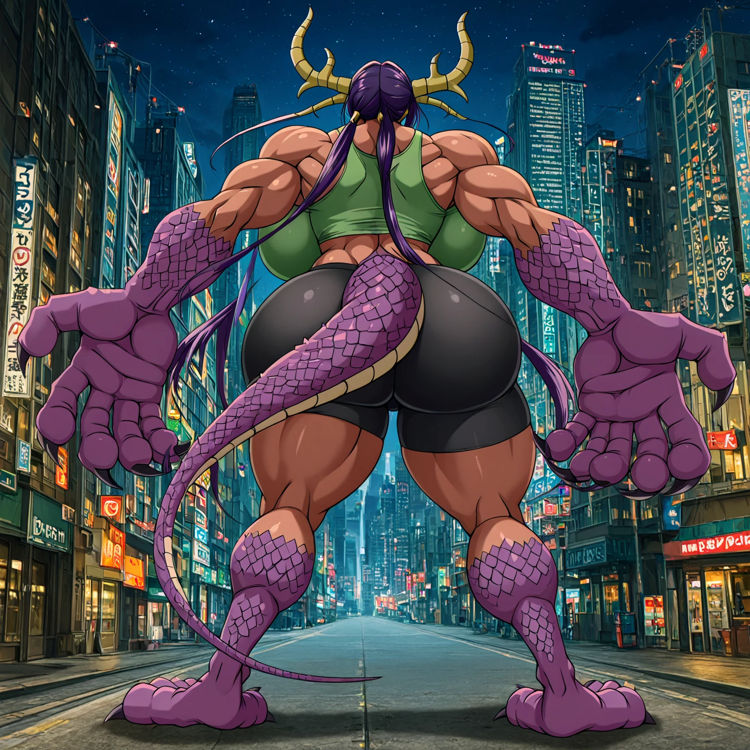 Cleopatra with extreme muscular body, gigantic muscular arms, gigantic muscular tights, samurai outfit, ninja mask, dragon tail, dragon horns, fair skin, black hair with ponytail and gigantic breasts.