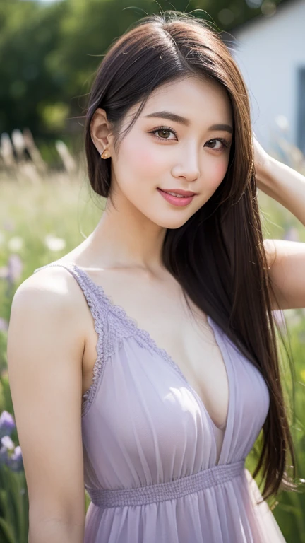 A portrait of a very attractive young Myanmar woman with a radiant smile, her eyes sparkling with warmth. Her hair is styled in soft waves that frame her face, highlighting her delicate features. She wears a white, lace-detailed garment that adds an element of elegance and grace to the image. The focus is on her face, capturing her joyful expression, while the background remains softly blurred, ensuring that she is the central figure of this composition. The hyper-detailed realistic photo in 32K HD, rendered with sharp focus and triadic colours, captures the serene ambience of the scene.
