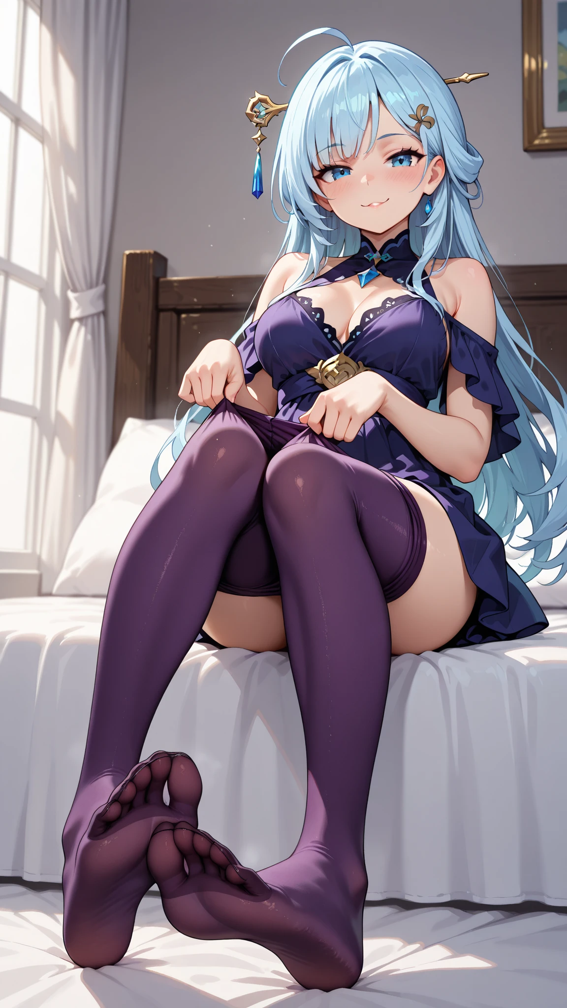 Sexy cat girl, purple flowing hair blunt bangs, golden eyes, blue Victorian dress, white stockings, high heels, dark background, gloomy atmosphere, high detail