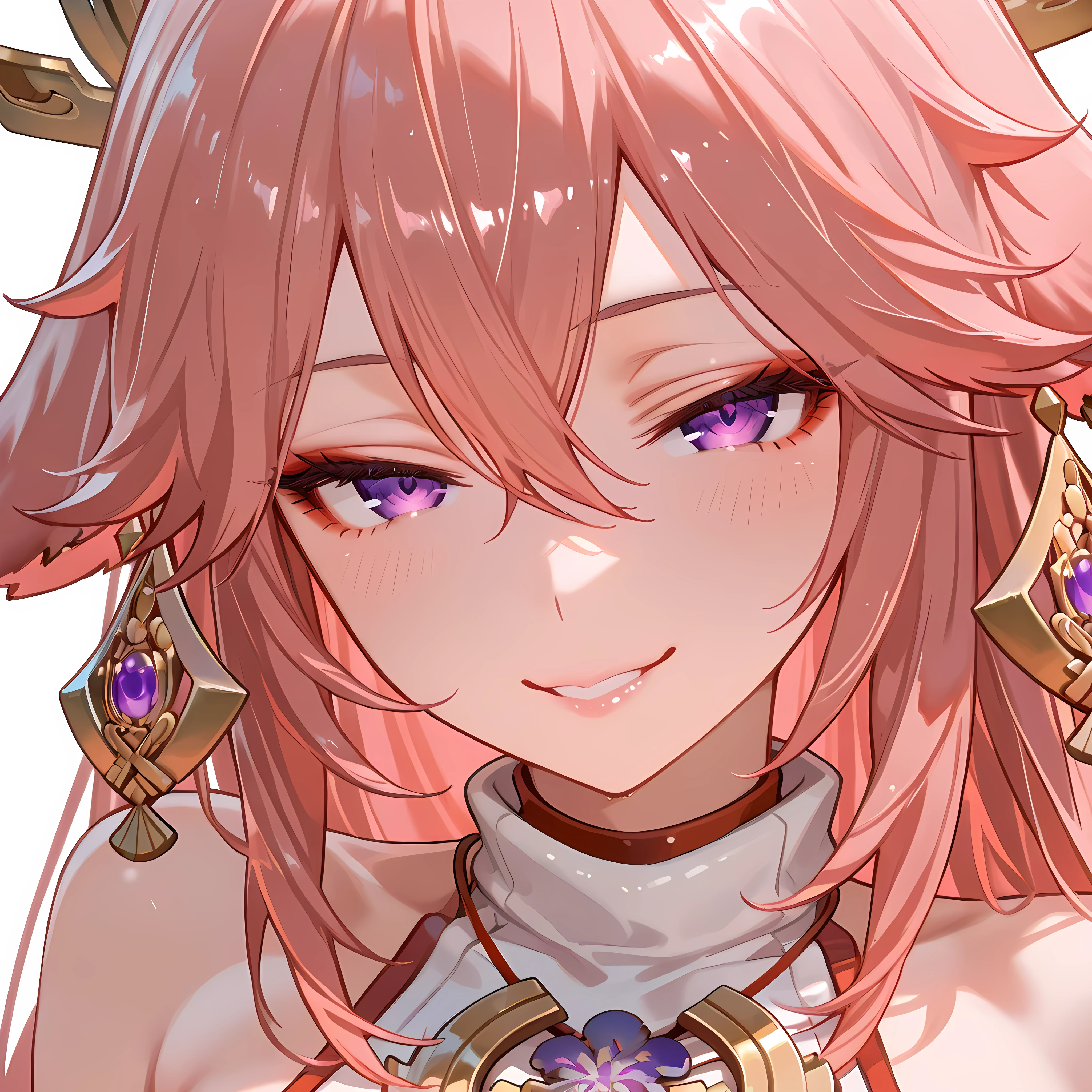 sit, Pink Hair,Miko costume,Yan Miko, seduction ,,, icon,quality,,Red Face,,seductive,beautiful,meme, string,smile, jaw frame,ผลงานภาพqualityสูง,Perfect Image Flawless,Detailed Images Every Part,Sharp,cute