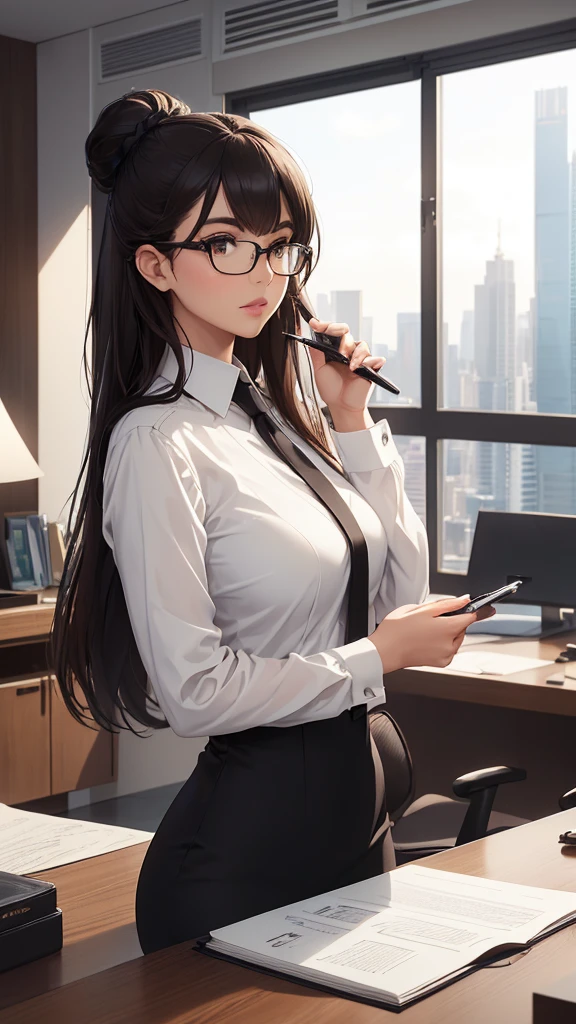 (masterpiece, best quality), a mature office secretary with black hair styled in ponytail, dressed in a transparent white blouse and black office skirt and black pantyhose, standing, holding tablet, (detailed skin:1.3),(detailed eyes), (sharp focus),