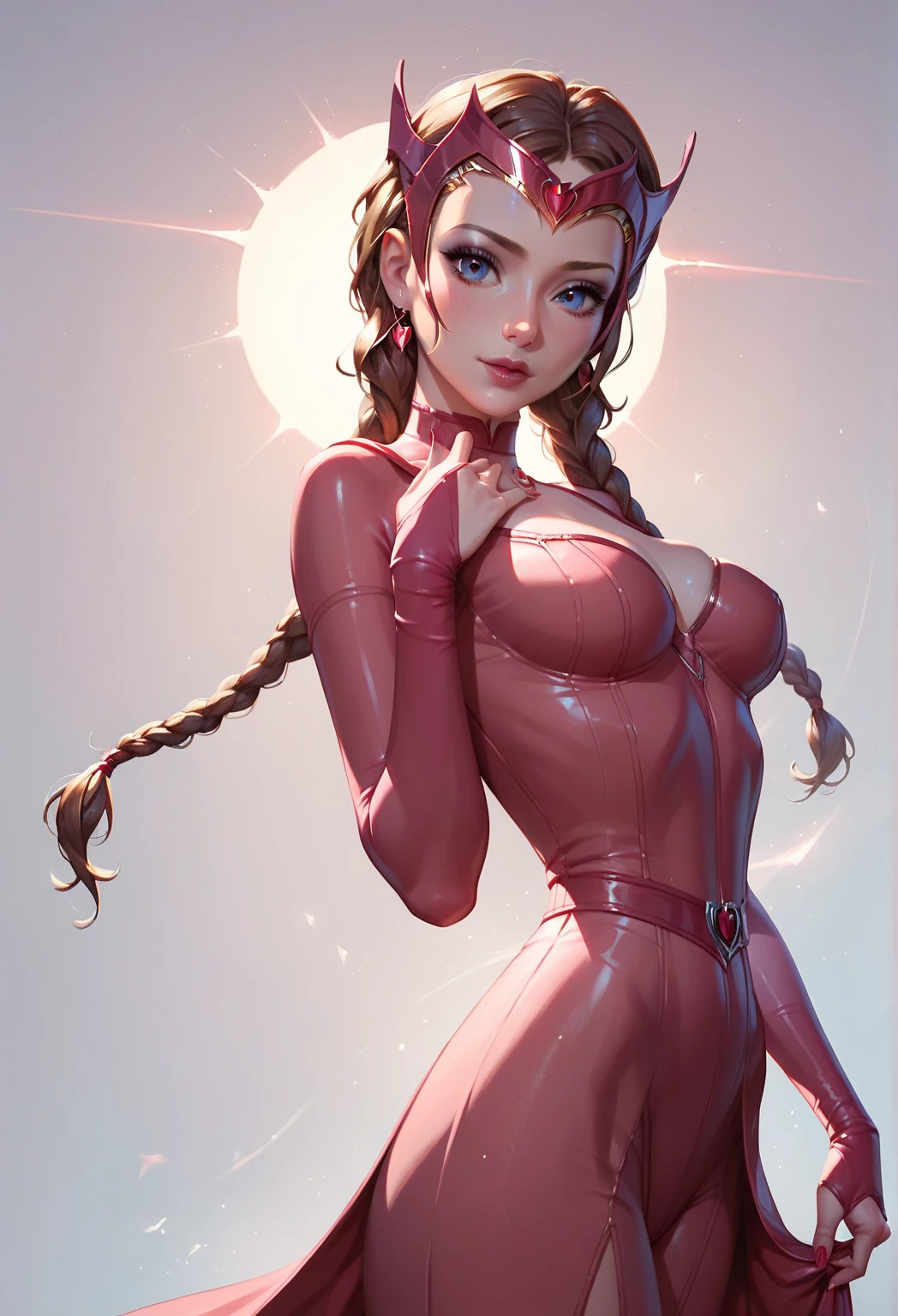 PM, (Magenta Pink Latex Suit:1), Golden Fringe Shorthair, Light brown eyes, 1girl in, 20yr old, Innocence, (Photorealsitic), (masterpiece, :1.3),(top-quality:1.4), (超A high resolution:1.2), 超A high resolution, (A detailed eye), (detailed facial features), nffsw, 8K分辨率, (lensflare:0.7),Colossal tits、full body art