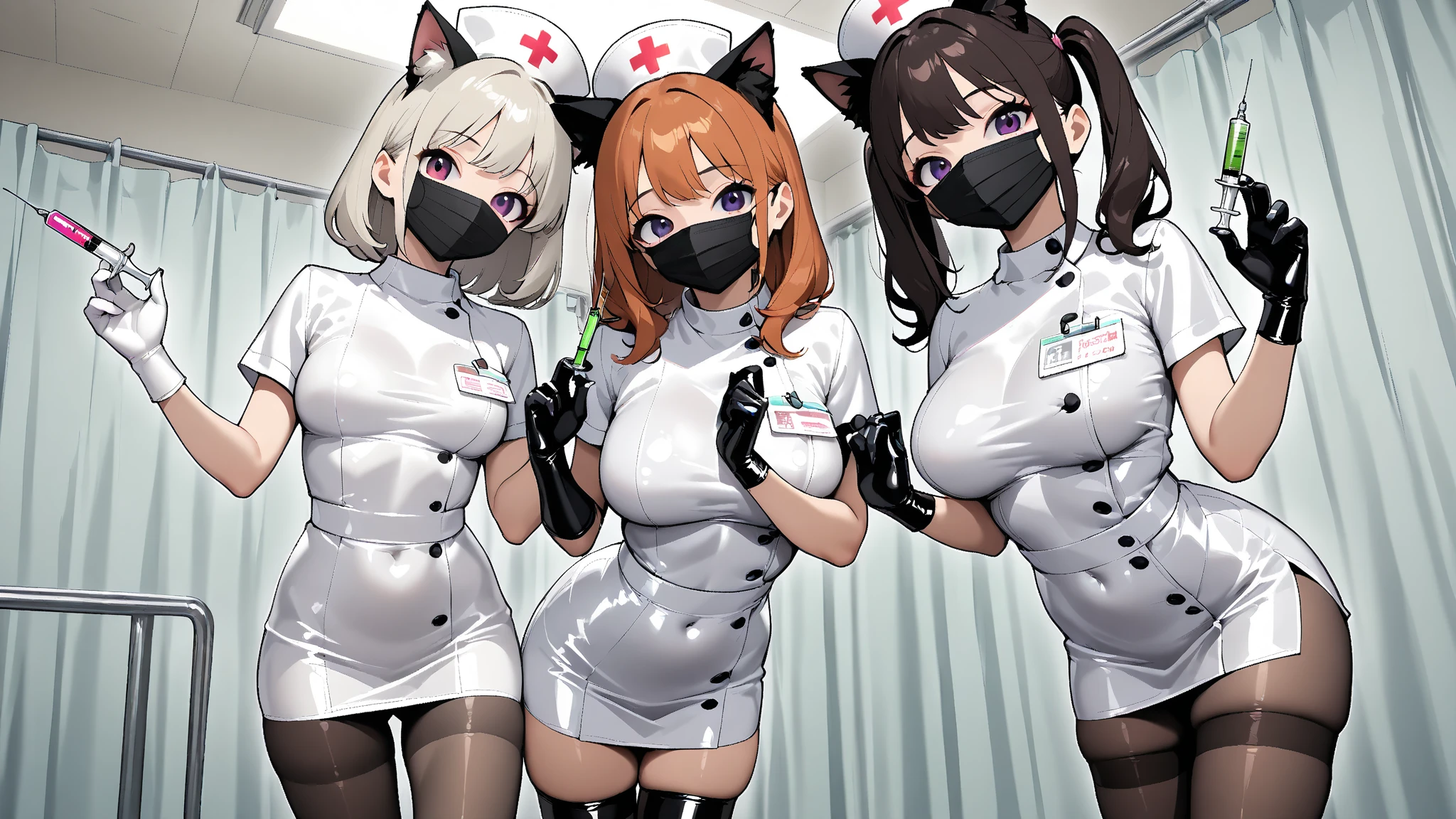 realisitic、top-quality、3women、Cat's ears、Nurse Cap ,Protruding tongue ,((Heart shaped pupils)), orgasm ,Pink Sequin Bikini , Black PVC gloves 、Big breasts、hug, Looking at Viewer