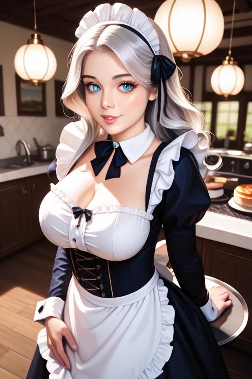 There is a tanned skinned adult woman on all fours under a table , ass up, look away, in restaurant, short ta dress revealing her butt, apron, maid hat, heels, black stockings ,black lace panties, white hair, darker lips,thin lips, kind and soft face, green eyes,Eyeshadows,sexy eyeliner,knee length hair,curved hair, Big breast, thin waist, high quality, highly detailed skin,