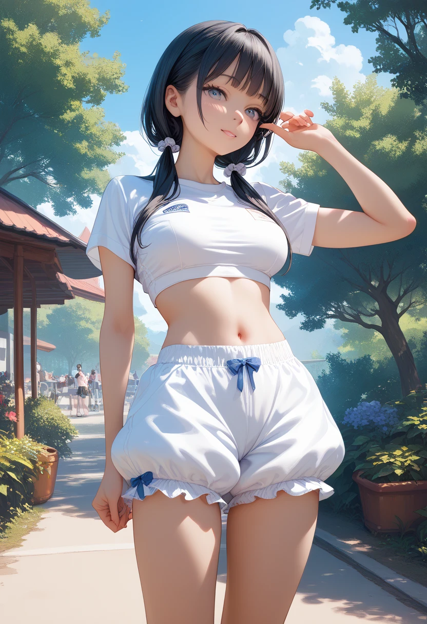 4K,highest quality,outside,pokemon trainer,12 years old,beautiful girl,weak々New,low length,,black hair,short twin tails,hat,baby face,Drooping eyes,White sleeveless T-shirt,It&#39;s a bellybutton,too big,big breasts,denim shorts