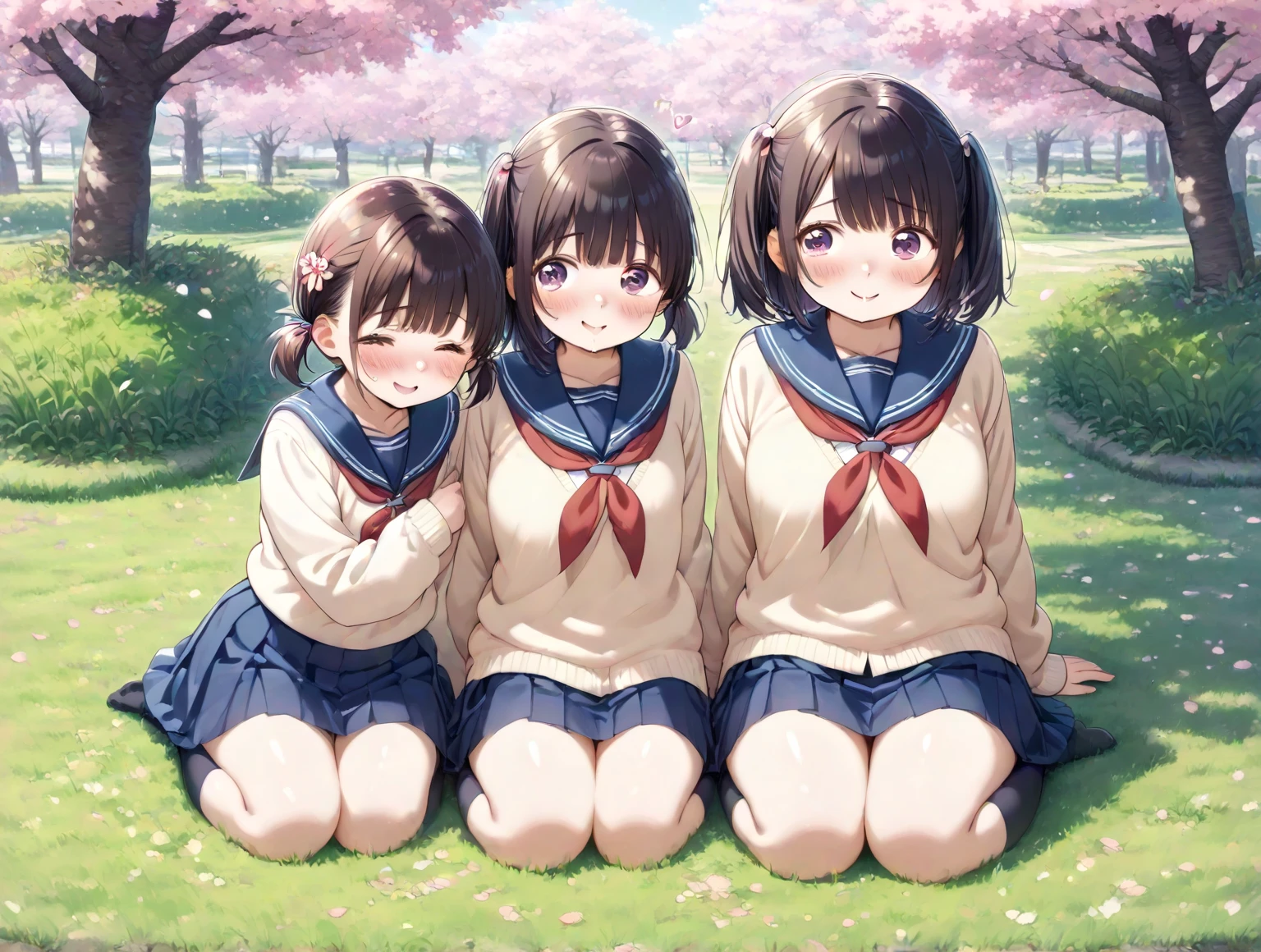 Super detailed, best quality, High resolution, Moe anime, ((((Three cute s with black hair and big round glasses hug each other.)))), (baby face), ((Big eyes:1.5, drooping eyes:1.2)), dark blue eyes, cute eyes, detailed eye description, brilliance of eyes, view audience, pale skin, ((())), NSFW, focus on the face, ((bust shot)), ((Naked sailor suit, Lower body is naked)), nipples are visible, In the park where cherry blossoms dance, Navel exposed, bare shoulders, Skirt-lift, Shirt-lift, Sunlight, sitting, From above, ((flat chest)), Twin-tailed hairstyle