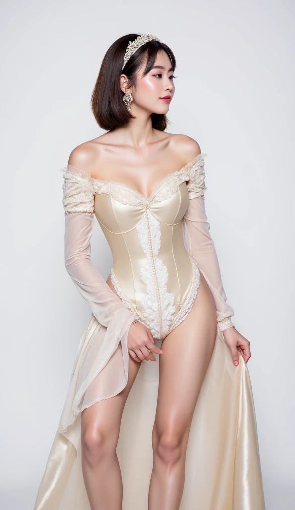 (((Masterpiece,highest quality,Ultra-high resolution,Super vivid))),(Highest quality,8K,16K),One girl, alone, gold ash hair, ponytail, Long Hair, sexy,glamorous,Large Breasts,G-Cup,Narrow waist,Firm Hips,Long, slender legs,Party Dresses, garter belt,stockings,Stiletto heels,
