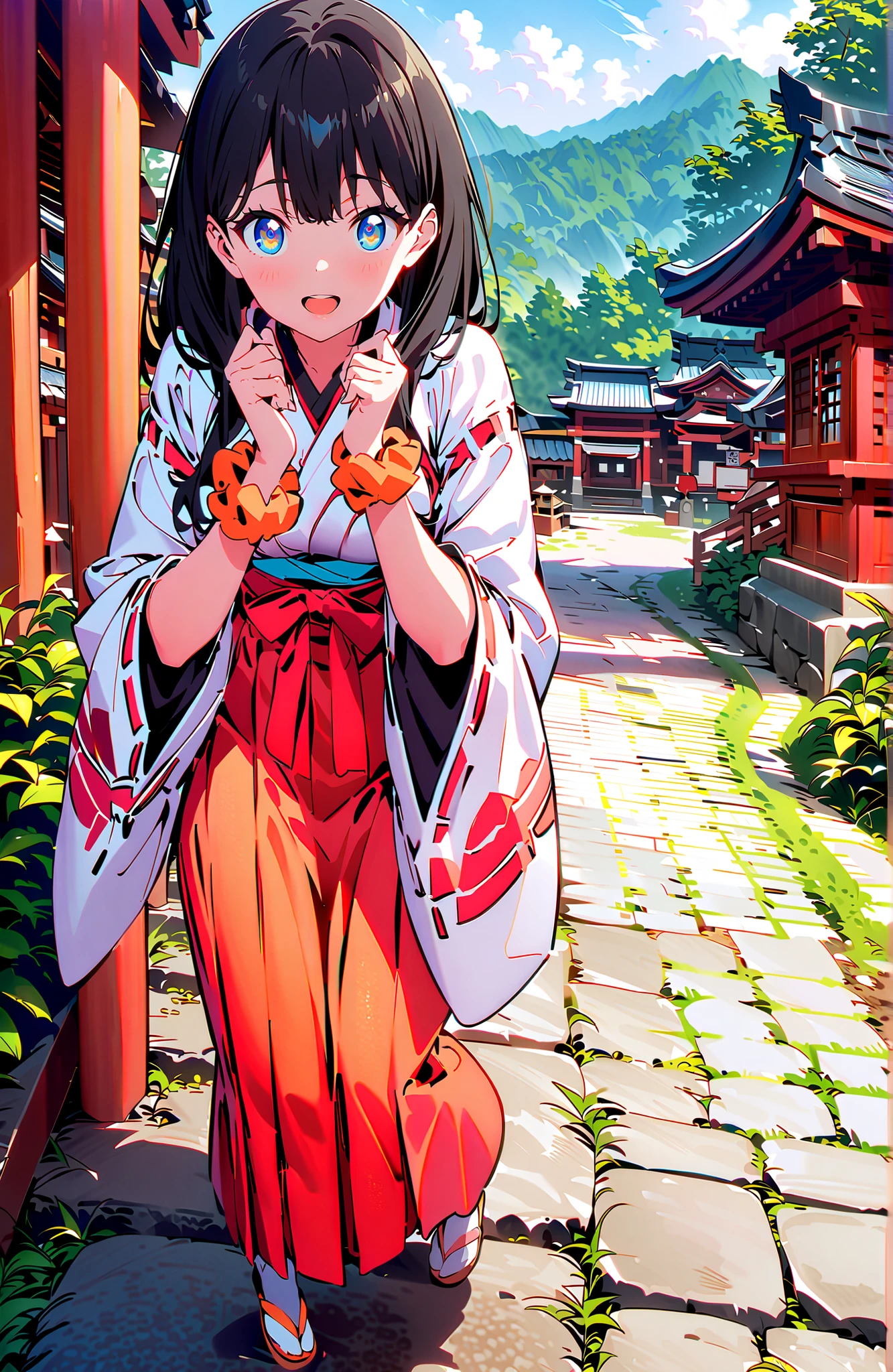 score_9, score_8_up, score_7_up, source_anime, It's because of Rikkata, black hair with a young pattern, blue eyes, long hair, orange scrunch, scrunchie, Wrist Scrunches , smile,cover,Open Your Mouth,Orange wrist scrunch, Shrine maiden, kimono, object, Red Hakama Skirt , Wide Sleeves, long sleeve, ribbon trim sleeve,Sandals, white socks, standing on a stone staircase,noon,full bodyがillustrationsに入るように,break outdoors, shrine,
break looking at viewer,full body,
break (masterpiece:1.2), Best Quality, high resolution, Unity 8k 壁紙, (illustrations:0.8), (beautiful detailed eyes:1.6), very detailed face, so that it fits into the illustration, Extremely Detailed CG, (perfect hand, perfect anatomy),