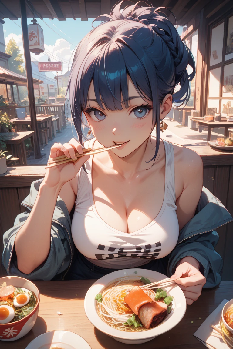 (anime,8k,masterpiece, top quality, best quality,perfect shadow,perfect light,beautiful and aesthetic:1.2,professional illustrasion:1.1,ultra detail:1.3),from below,(girl),(Three kingdoms female warload),(highly detailed beautiful face and eyes,large breasts,firm breasts),oily skin,((black,hair,short bob with short pony tail hair)),cute,lovely,take lunch,picnic,outdoor,kirakira,look at viewer,
