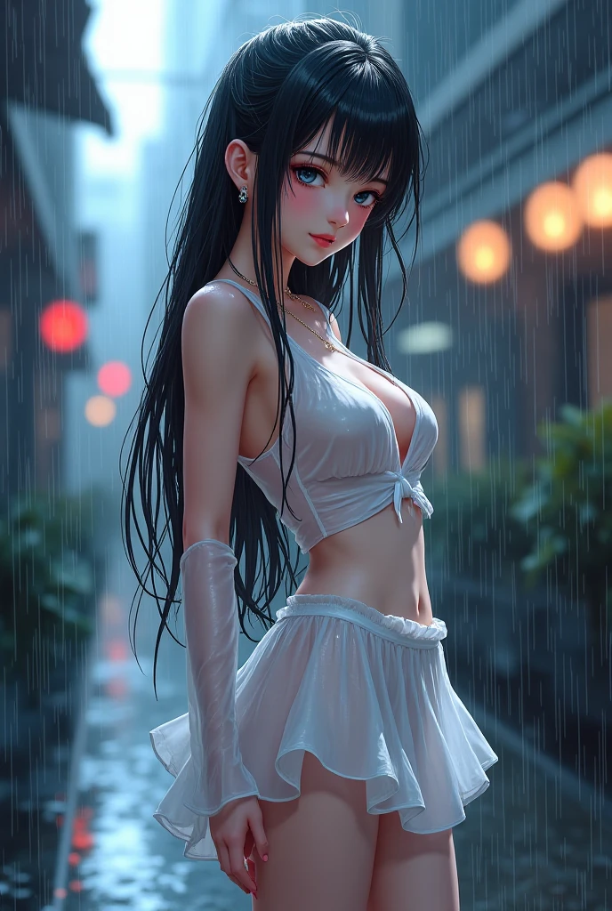 Girl in white top and gray tight pleated skirt, black stokings, full body, bra, slim body, slim girl model, 24-year-old female model, lying on table, (rain), ((wet:1.4)), ((standing nipples under cloth)), spread legs