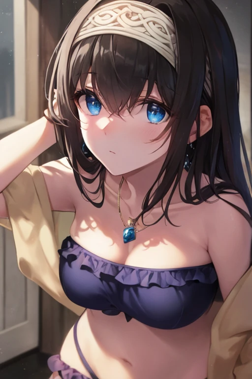 fumikasagisawa, BREAK fumika sagisawa, blue eyes, black hair, hairband, long hair, hair over eyes,
BREAK bikini,
BREAK looking at viewer,
BREAK outdoors, beach,
BREAK (masterpiece:1.2), best quality, high resolution, unity 8k wallpaper, (illustration:0.8), (beautiful detailed eyes:1.6), extremely detailed face, perfect lighting, extremely detailed CG, (perfect hands, perfect anatomy),
