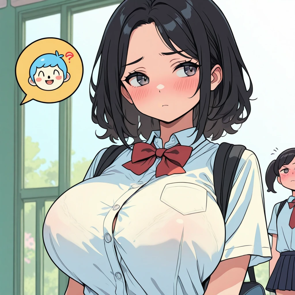 ((Table t○p, highest quality, Hi-Res Lucifer,Anime Screen Capture、Perfect Pixel, 8k, nsfw)))、Perfect Anatomy、(((Huge breasts、Swollen nipples、Thick thighs、Wide ass)))、(((Focus on the nipples)))、Sweat,(Red eyes)、((Short Hair、Wavy Hair))、Blue Stripe Bikini、((Black Hair)), ((((blush、Embarrassing、surprised))))、:○、(Company corridor)、