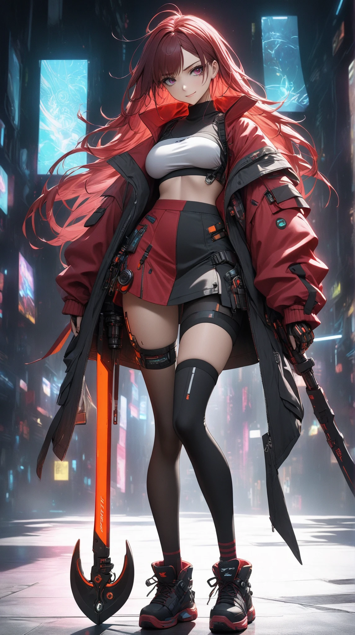 (best quality, masterpiece,extremely detailed),1 girl ive in shanghai,(beautiful girl,4K,black eyes,cyberpunk),chinese,long hair,thighhighs, outside,night,Moody Lighting,HDR
