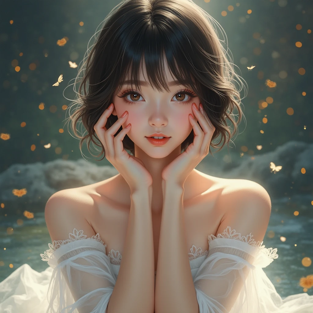 32k, Masterpiece, Highest quality, One girl, Detailed eyes, flower,Alstroemeria, White and orange style,A dreamy, romantic piece,Pale purple, Mysterious Leaves,A playful arrangement,Fantasy,High Contrast,Ink strokes,explosion,Exposure, Impression of white and orange tones,Abstract,((Watercolours by John Berkey and Jeremy Mann )) Brush strokes,Negative Space, Tyndall effect,