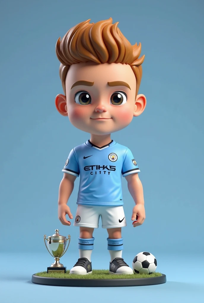 Erling haaland  with short blonde hair in mancity jersey 
It's to serious. With little laugh.with no Beard .young like 22 years of age.only showing face and Jersey.nose are little big and engage him in football game. Put background of football stadium 
