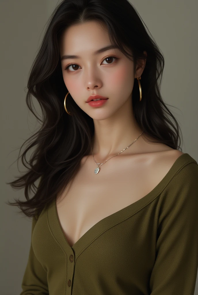 (small breasts:1.3), (perky chest:1.1), (pointed chest:1.0), (fashion magazine cover:1.3)，(from below:1.0),(from side:0.9),masterpiece, 1girl, Amazing Cleavage:1.1, thin waist, big ass, Raised sexy, small breast: 1.3, posed cleavage:1.2、solo, looking at viewer, open mouth, have a cute grass of cute beergrass,black hair, dark green eyes, dress, bare shoulders, jewelry, collarbone, sidelocks, hairband, earrings, indoors, off shoulder, :o, sweater, arms behind back, plant, short hair with long locks, gild hairband, off-shoulder dress, sweater dress, off-shoulder sweater, red sweater, dark gord hair, big side hair, very long side hair,is rendered in (masterpiece: 1.2, best quality), with (ultra high resolution) and an exquisite (depth of field). This masterpiece is not only visually stunning but also tells,A scene of cooking in the kitchen by classroom
