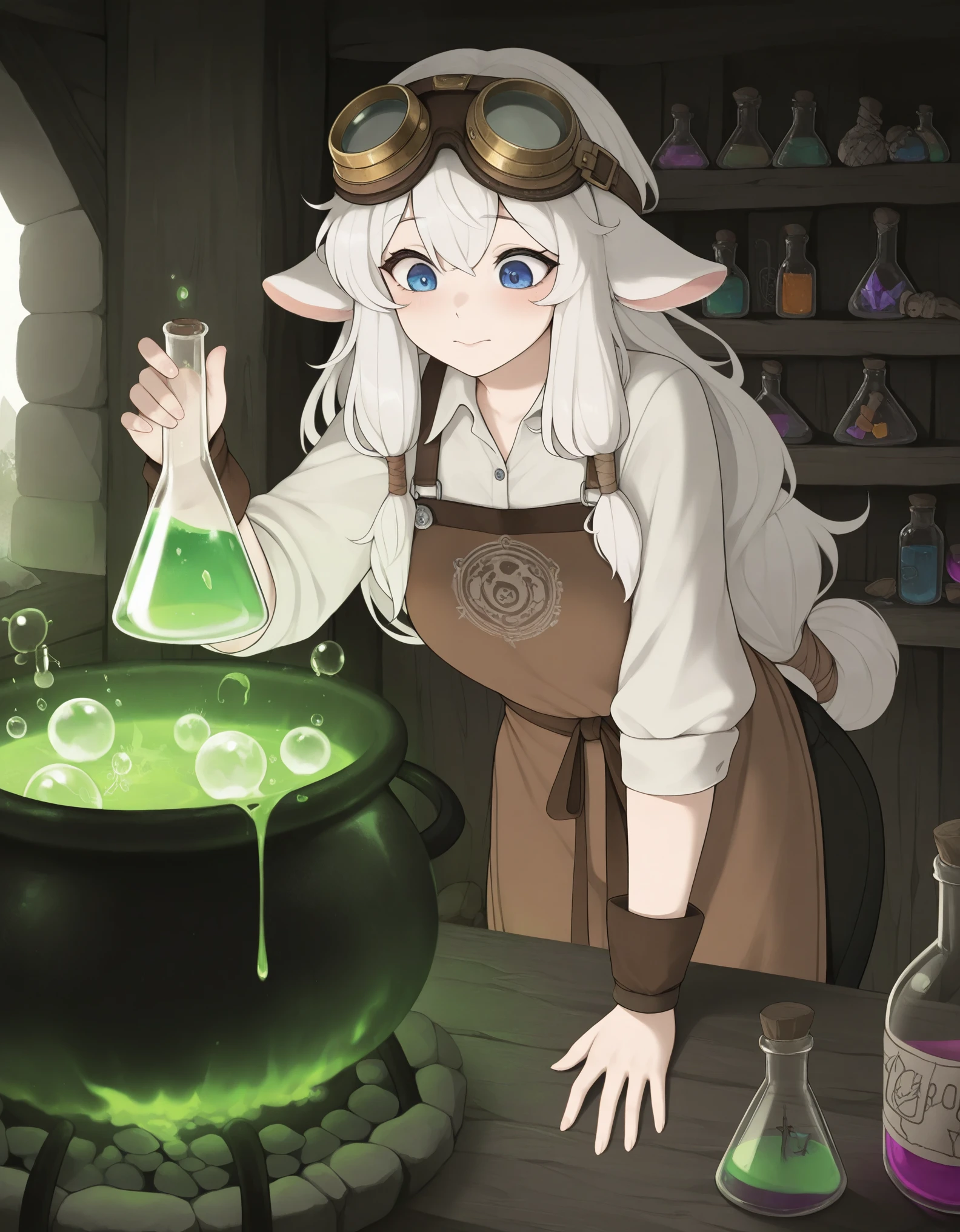 1girl,alchemist_apron, (potion_spill:1.2), bubbling_cauldron, goggles_up, crystal_vials
,masterpiece, best quality, newest, highres, absurdres,