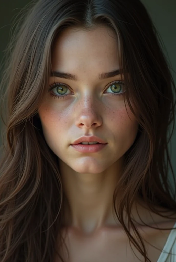 Full face portrait photo of 25 year old European girl, RAW, beautiful woman, semi-open strawberry lip, dimples, wistful expression, (brown hair with extra long wavy), ((detailed face)), ((detailed facial features)), (fine detailed skin), pale skin, a desolate sandy wasteland environment, (cool color), moist, damp, reflection, (masterpieceShot with Canon EOS R5 (detail) (Realistic photos) (Detailed details) 50mm lens, f/2.8, HDR, (8k) (wallpaper) (cinematic lighting) (dramatic lighting) (sharp focus) (complex), RAW photography, RAW photography, gigachad photography, camera pose, black jeans, back arm, 8k uhd, dslr, high quality, Grain Film, Fujifilm XT3, Film Stock Photo 4 Kodak Portra 400 Camera F1.6 Lens Rich colors Ultra-realistic textures Dramatic lighting Unreal Engine Art Station Trends Cinestill 800 Tungsten, Toughboy Style, Ultra Focus Face, Intimidating, Fighting Position, Short Messy Hair, Muscles, Bursting Veins, Beads, ((Lingerie set with dark green embroidery)), ((dark green camisole thin)),