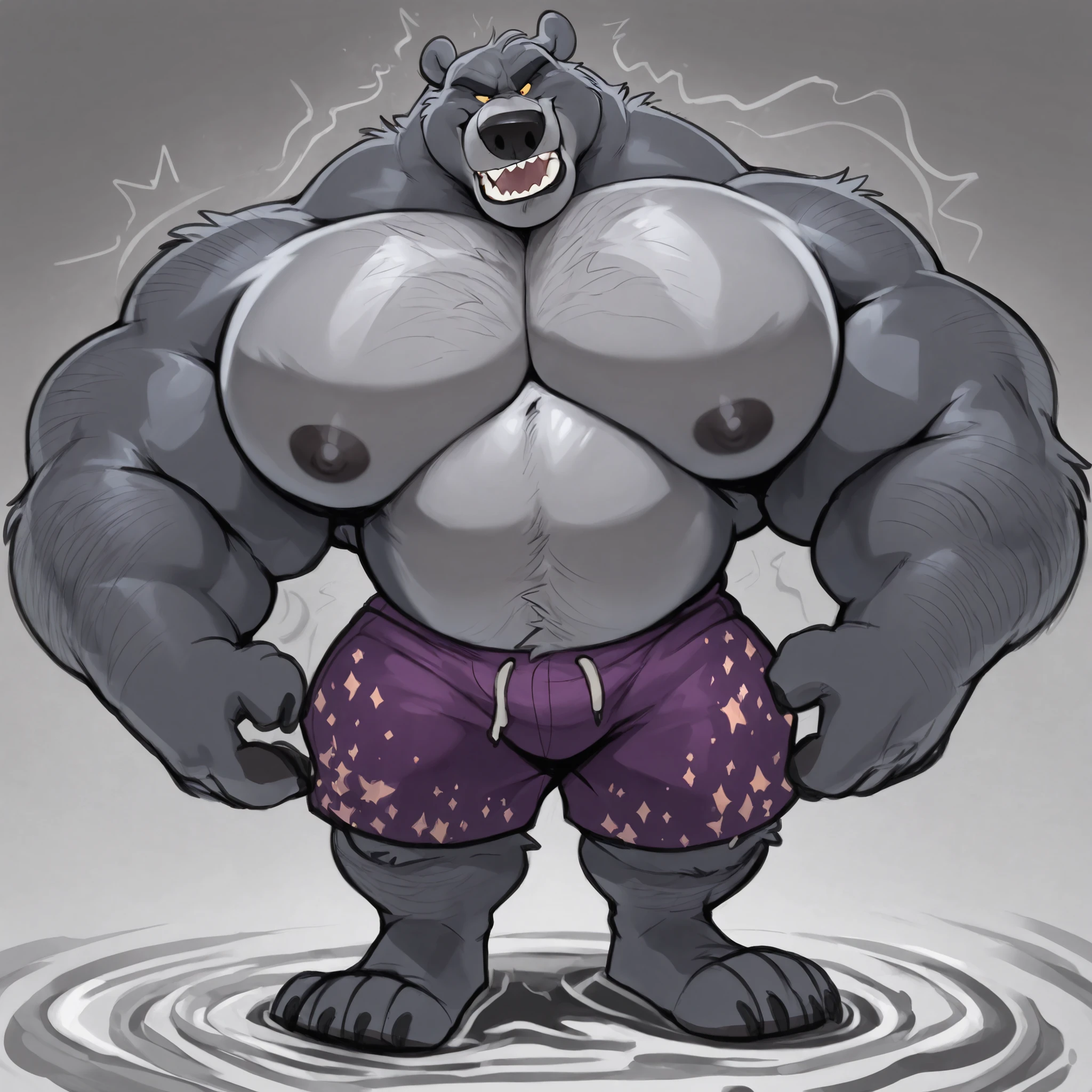 solo, 1boy, correct anatomy, perfect anatomy, (furry gray bear,) big gray, wide chest, bulky, bulk, rippling, growling. Huge Muscular bear as the incredible hulk, transforming, (purple tattered shorts), pectoral, thick gray arms, huge pectoral, huge gray fur, wide gray pectoral, gamma laboratory background, masterpiece, Walt Disney 2D Zootopia Animation Art Style,((big gray muscle, gray muscular, sixpack, thick gray arms, wide gray pectoral, super gray muscle, hyper gray muscular, powerful gray muscle, huge gray arms, big gray arms, huge gray pectoral, feet))