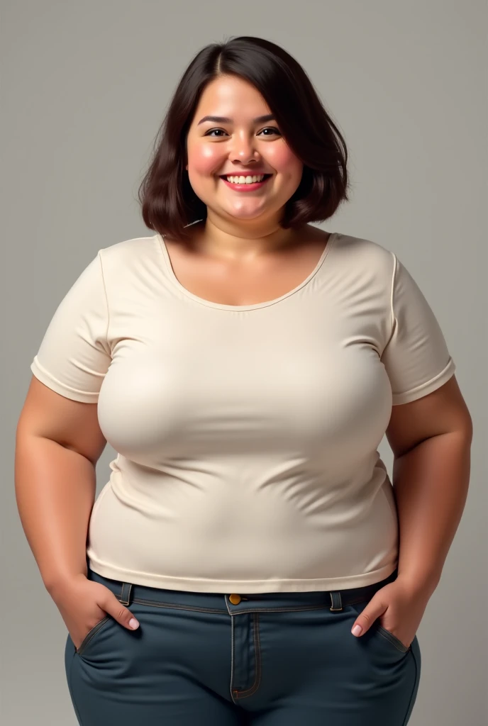 smiling woman with brown hair and a white shirt and jeans on, brown hair and large eyes, short slighty chubby body, hourglass figure, 35 years old, most beautiful woman on earth, charming expression gesicht, sarah michelle gellar-gurinder chadha-stephanie beatriz-charithra chandran-annabeth gish-nasim pedrad merged, entire body visible, full body, hyperrealistic, best quality, 8K, real human skin, masterpiece, extremely intricate, medium closeup, detailed eyes, detailed face, detailed body, exaggerated features, pronounced features