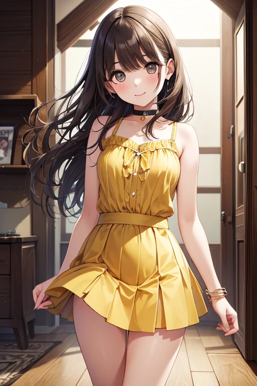 1 chica, Bandori, Saya Yamabuki, estilo animado, Cuerpo delgado, Chica anime con vestidos elegantes, largos y brillantes de color amarillo con mangas largas, long brown hair, rizado y polvoriento, recogido en una coleta alta, generalmente atado con una cinta., ojos azules reales rasgados, sonrisa, boca abierta, feliz, directly in the living room with birthday decorations, fondo de pantalla de arte anime, 4k, mejor calidad