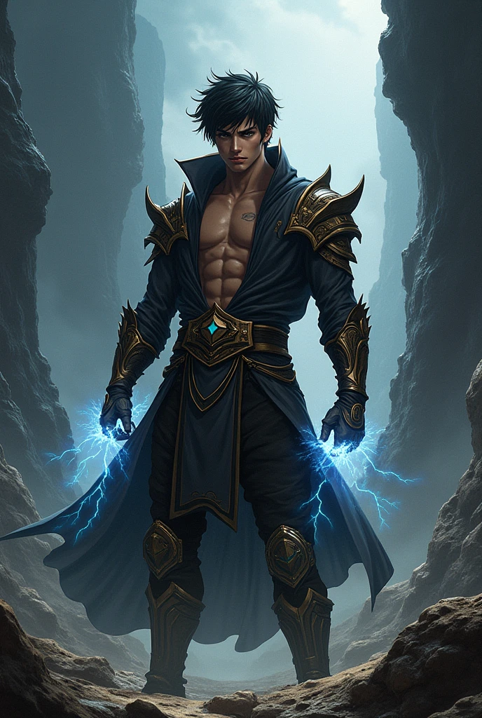 Opa, all is well? I need you to make a model of Elden Ring, make the image in the animation style of Elden ring in high resolution,, This is a knight in the style of Godfrey, meet Godfrey? He will have the cape that Blaidd uses but it will be in a mystical way like a starry sky in its print., but not like any fabric, a magical and shiny thing, and he fights with his fists and will have a bluish aura reminiscent of something lunar, He&#39;s going to be shirtless, and with armor pants, he will be very strong and have a robust appearance, will have black hair and a short, tangled hair style, And he will have 2,30m tall and will be going to fight the tainted one in the throne room of the tree with a starry sky in the background and a mysterious mist on the ground 