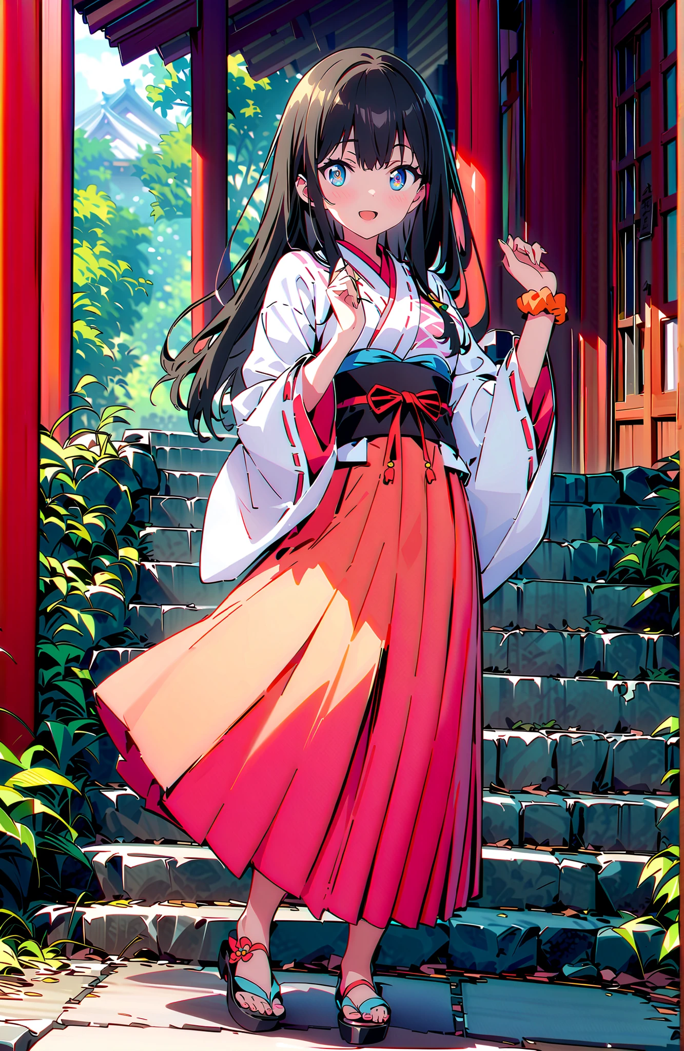 score_9, score_8_up, score_7_up, source_anime, It's because of Rikkata, black hair with a young pattern, blue eyes, long hair, orange scrunch, scrunchie, Wrist Scrunches , smile,cover,Open Your Mouth,Orange wrist scrunch, Shrine maiden, kimono, object, Red Hakama Skirt , Wide Sleeves, long sleeve, ribbon trim sleeve, standing on a stone staircase,noon,full bodyがillustrationsに入るように,break outdoors, shrine,
break looking at viewer,full body,
break (masterpiece:1.2), Best Quality, high resolution, Unity 8k 壁紙, (illustrations:0.8), (beautiful detailed eyes:1.6), very detailed face, so that it fits into the illustration, Extremely Detailed CG, (perfect hand, perfect anatomy),